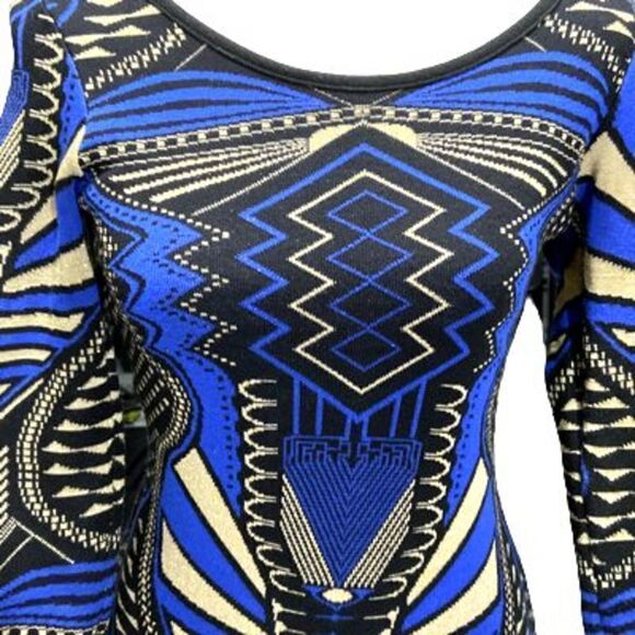 Cenit Knit Blue Metallic Gold Black Sweater Dress Bodycon Long Sleeve Sz Small - Picture 3 of 4